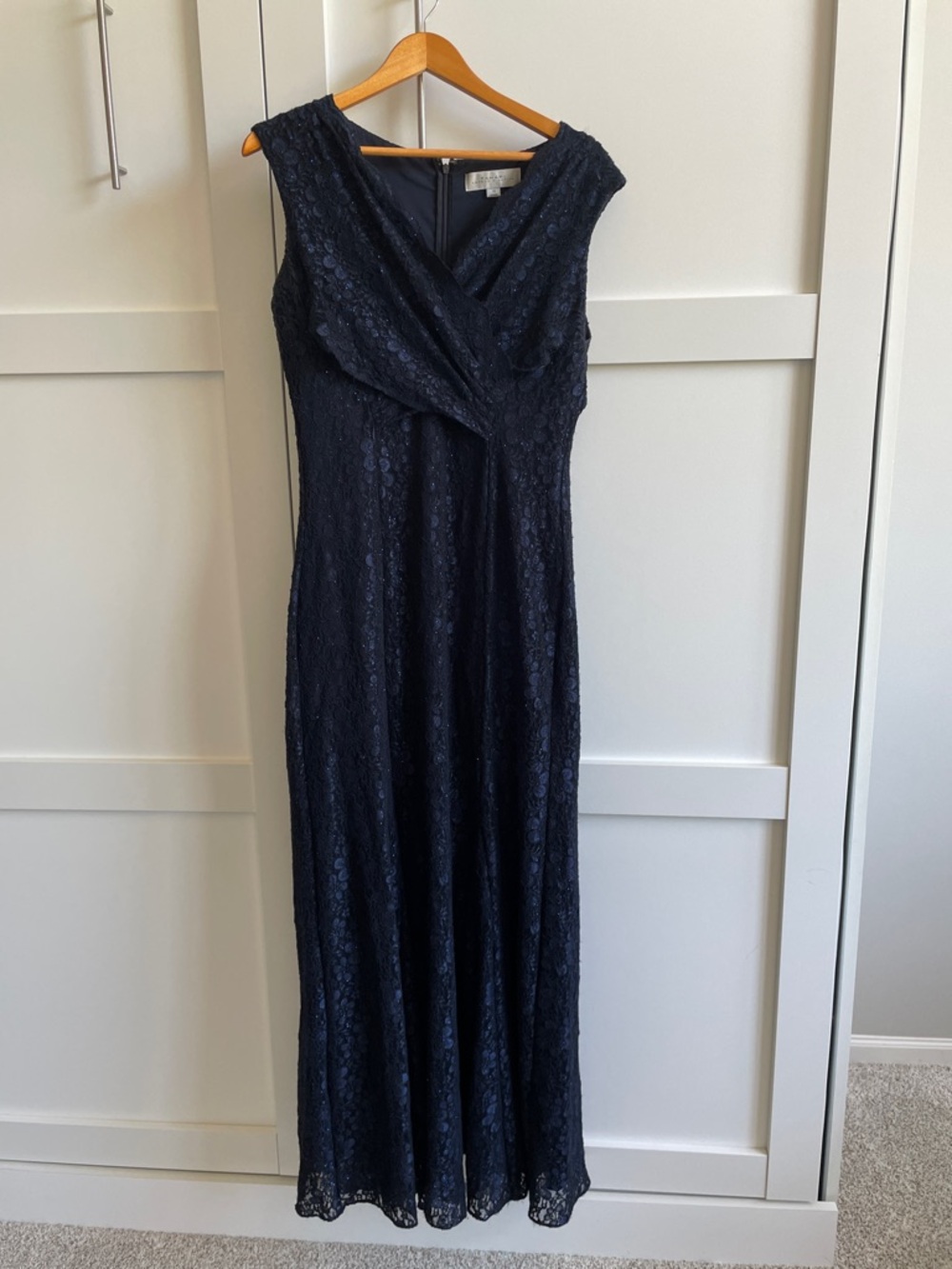 Tahari Sleeveless Navy Lace Maxi Dress with Surplice Bodice 14